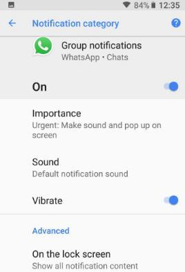 WhatsApp Group notifikationskategori i Oreo