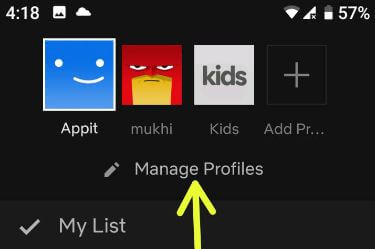 Administrer profiler i Netflix app Android-enhed