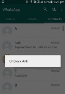 fjern blokeret kontakt fra WhatsApp