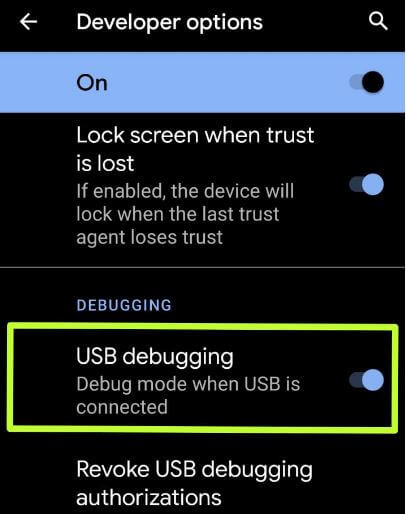 Sådan tændes USB-fejlretning på Android 10